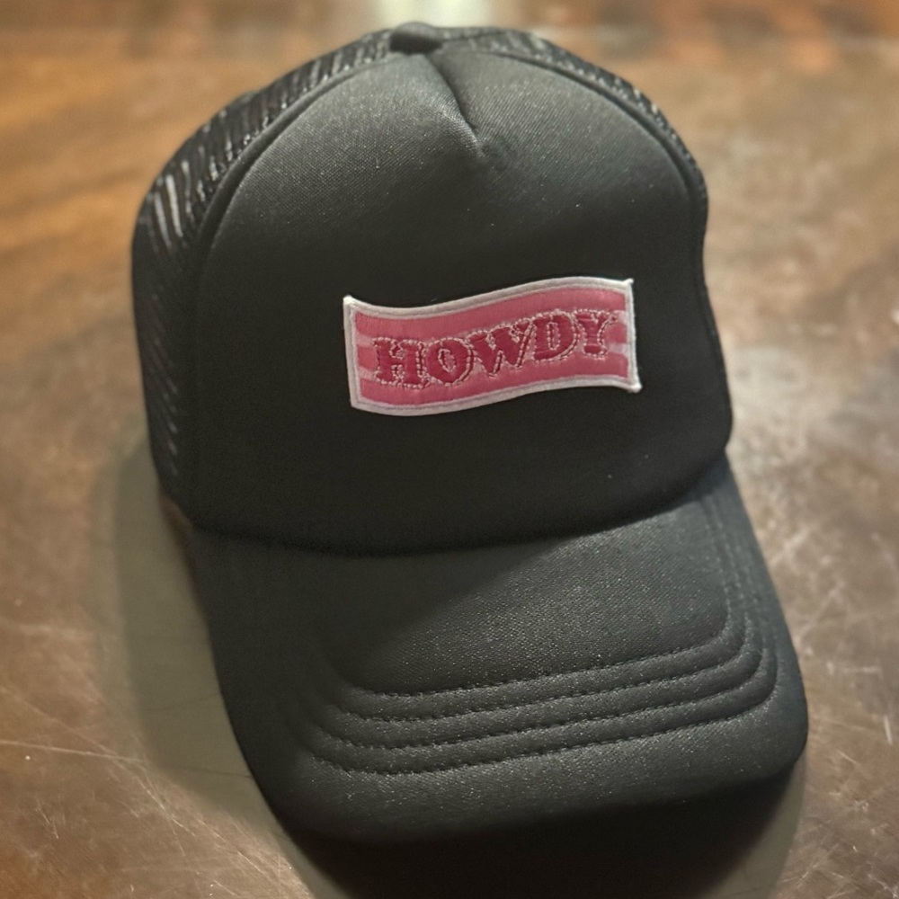 Trendy Black Trucker Hat with Pink Howdy Patch